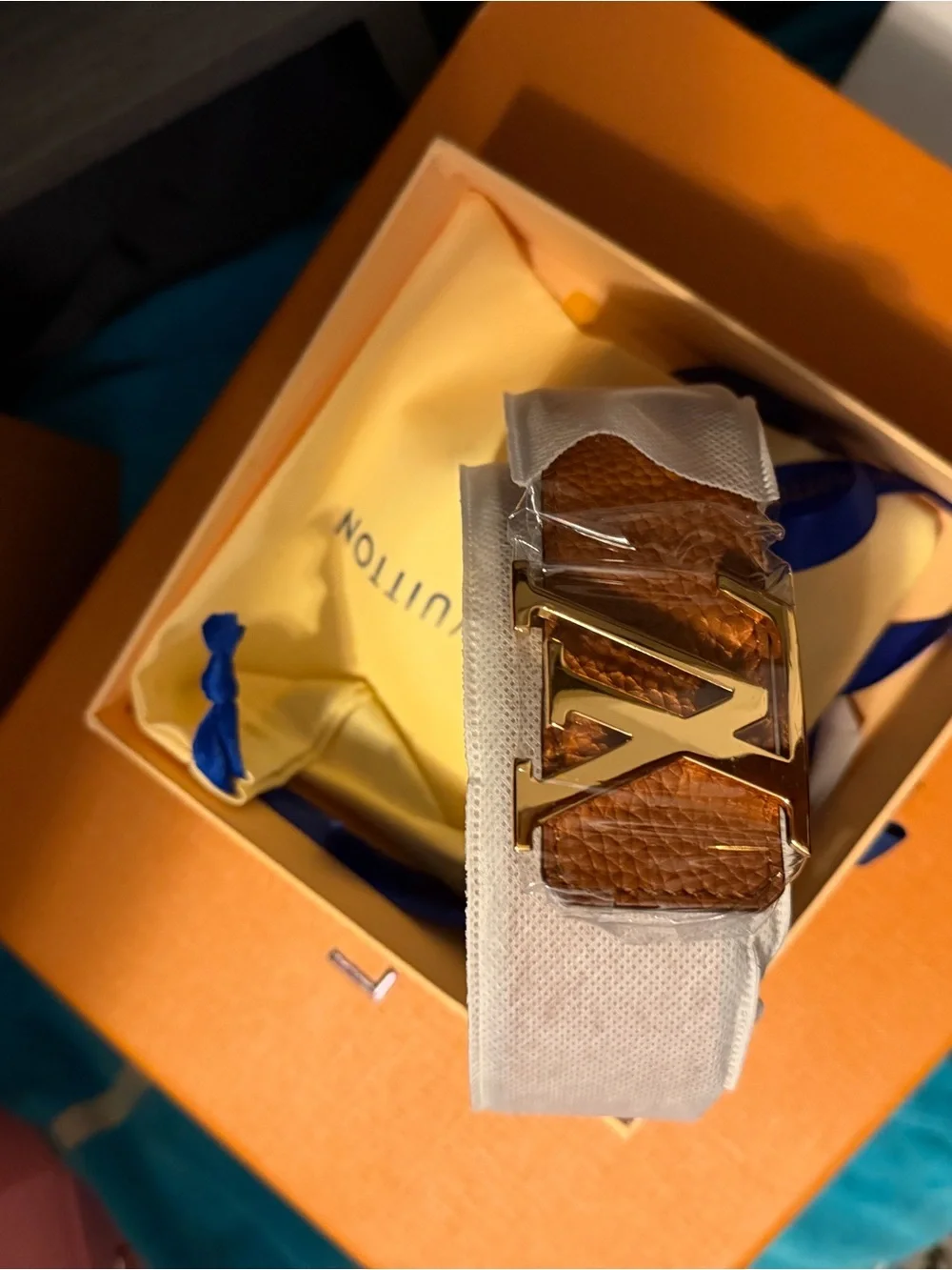 Louis Vuitton Yellow and Blue Men's Belt with Gold Buckle